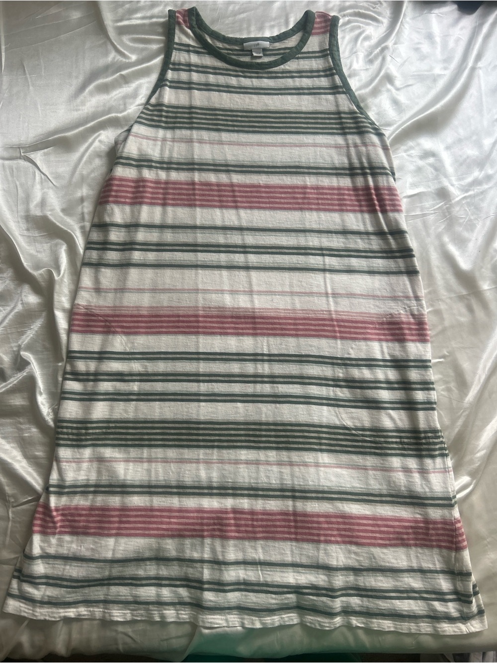 Striped Sleeveless A-Line Midi Dress — White with Pink & Green Stripes